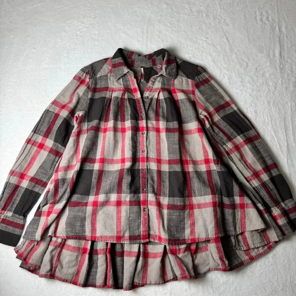 Free People Plaid Peplum Top XS | Red Grey Ruffle Hem Oversize Boho Blouse